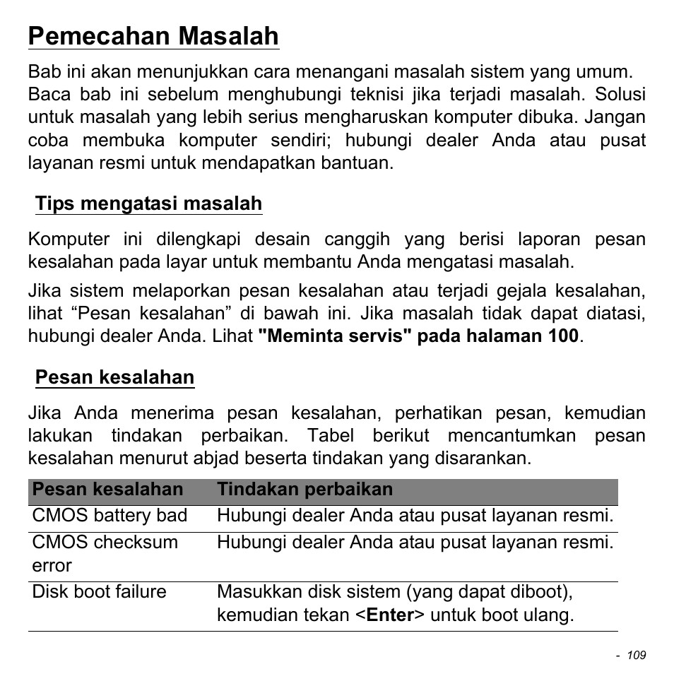 Pemecahan masalah, Tips mengatasi masalah, Pesan kesalahan | Tips mengatasi masalah pesan kesalahan | Acer Aspire V5-471PG User Manual | Page 3367 / 3492