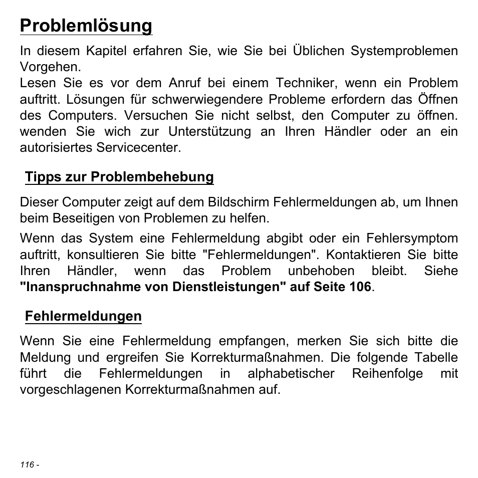 Problemlösung, Tipps zur problembehebung, Fehlermeldungen | Tipps zur problembehebung fehlermeldungen | Acer Aspire V5-471PG User Manual | Page 350 / 3492