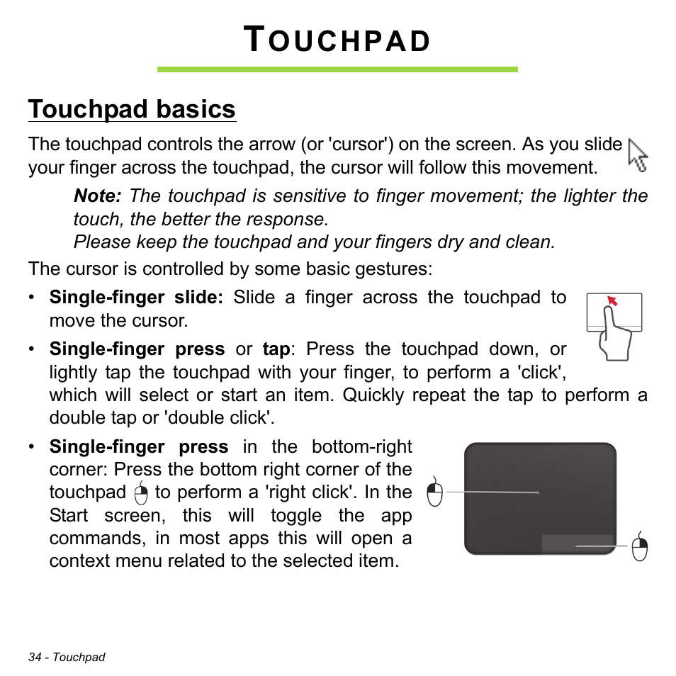 Touchpad, Touchpad basics, Ouchpad | Acer Aspire V5-471PG User Manual | Page 36 / 3492