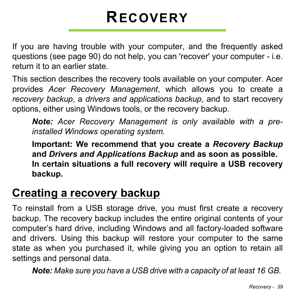 Recovery, Creating a recovery backup, Ecovery | Acer Aspire V5-471PG User Manual | Page 41 / 3492