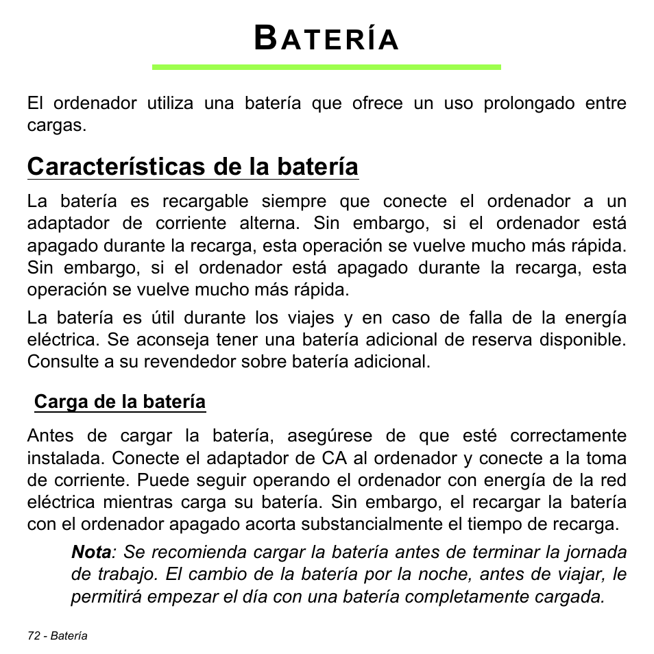 Batería, Características de la batería, Carga de la batería | Atería | Acer Aspire V5-471PG User Manual | Page 554 / 3492