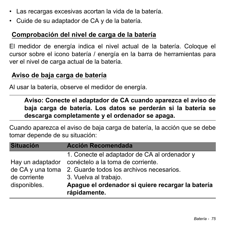 Comprobación del nivel de carga de la batería, Aviso de baja carga de batería | Acer Aspire V5-471PG User Manual | Page 557 / 3492