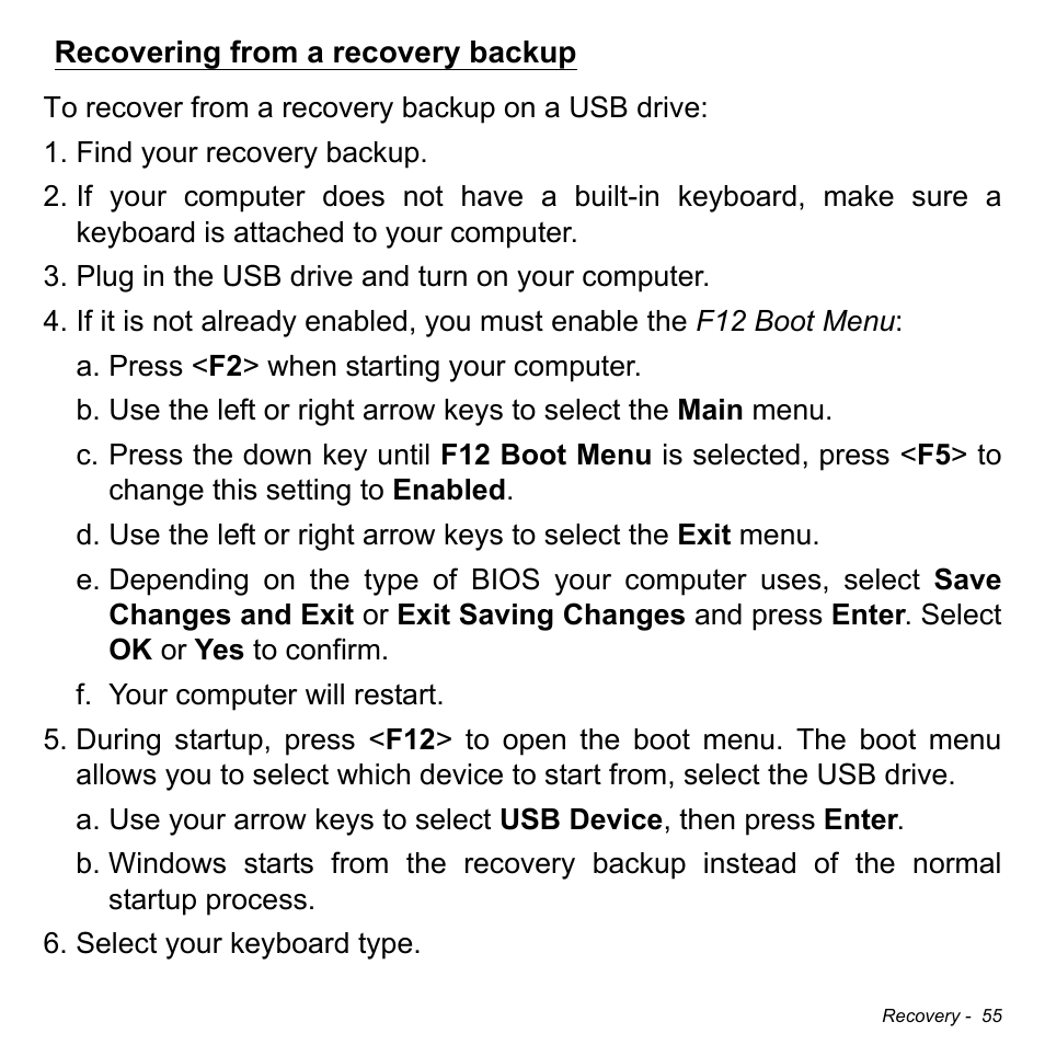 Recovering from a recovery backup | Acer Aspire V5-471PG User Manual | Page 57 / 3492