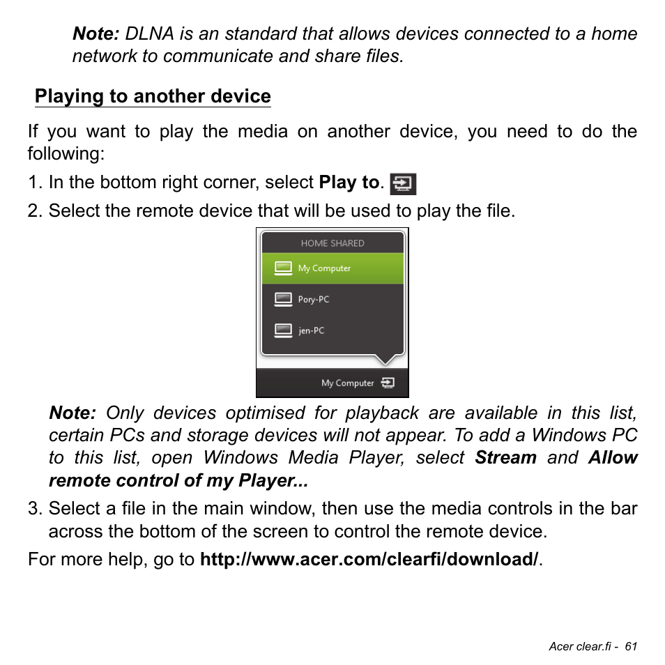 Playing to another device | Acer Aspire V5-471PG User Manual | Page 63 / 3492