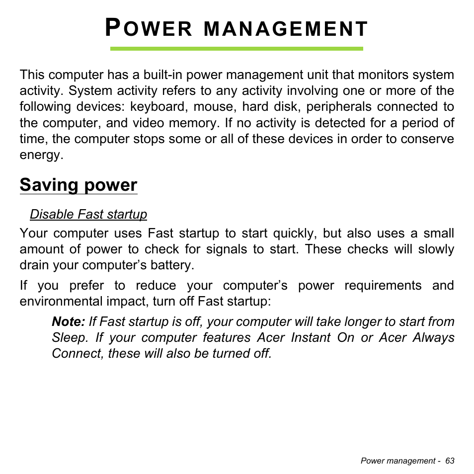 Power management, Saving power, Ower | Management | Acer Aspire V5-471PG User Manual | Page 64 / 3492