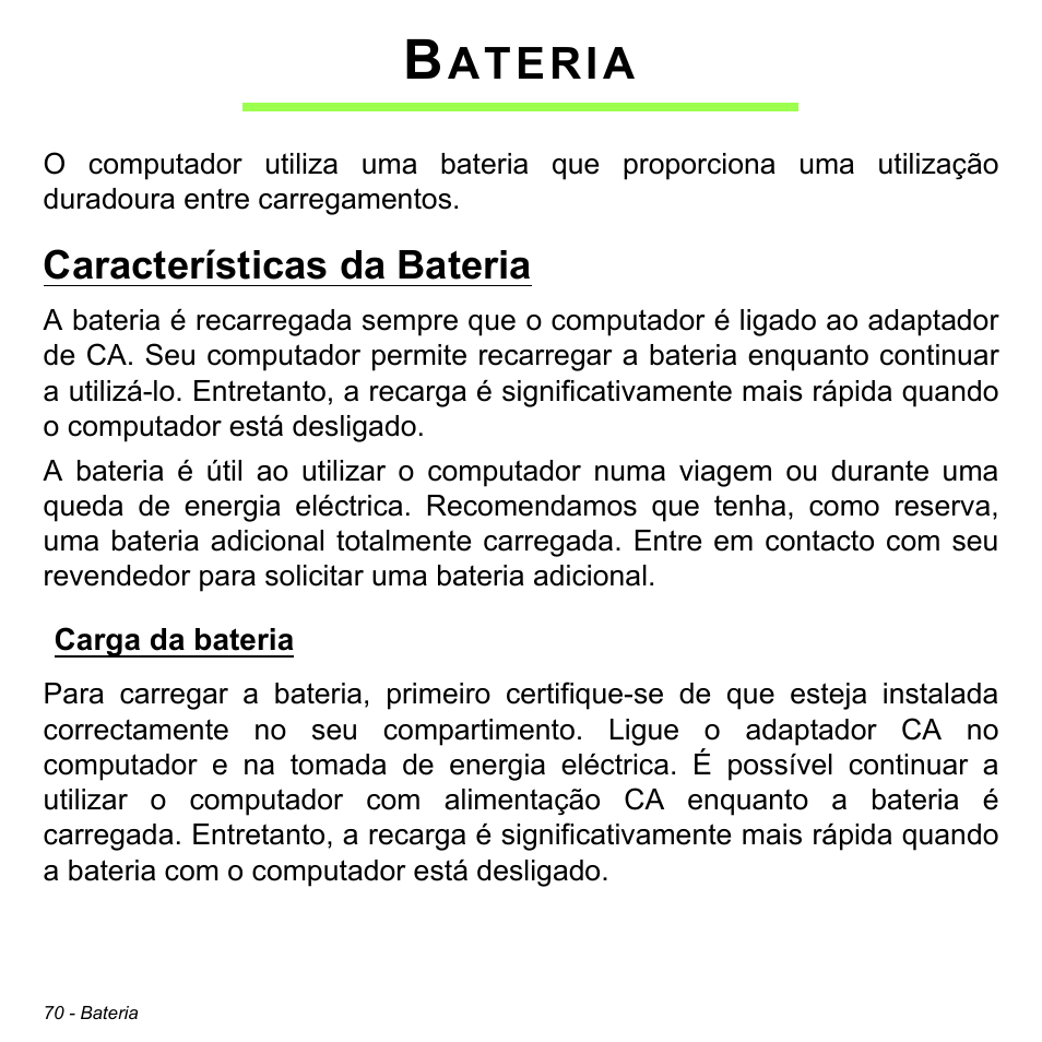 Bateria, Características da bateria, Carga da bateria | Ateria | Acer Aspire V5-471PG User Manual | Page 672 / 3492