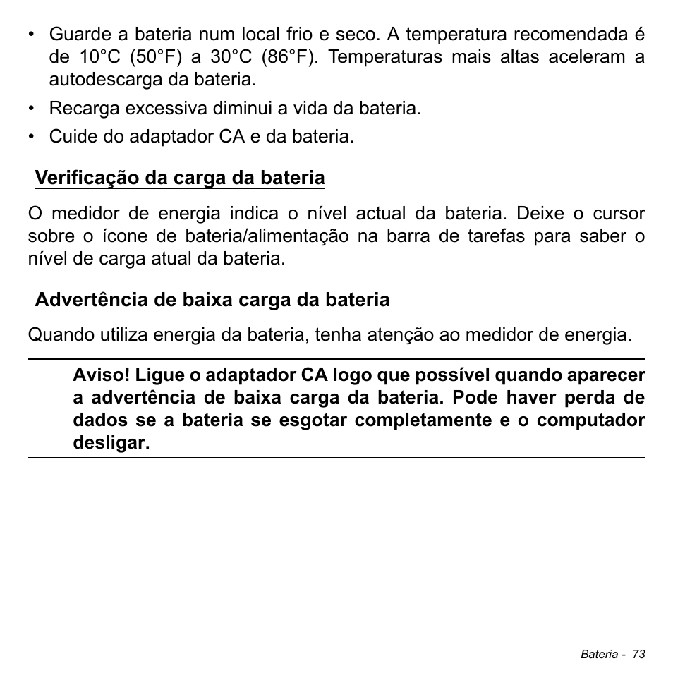 Verificação da carga da bateria, Advertência de baixa carga da bateria | Acer Aspire V5-471PG User Manual | Page 675 / 3492