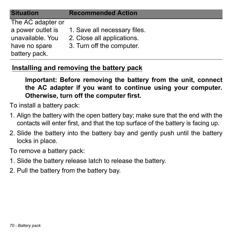 Installing and removing the battery pack | Acer Aspire V5-471PG User Manual | Page 71 / 3492