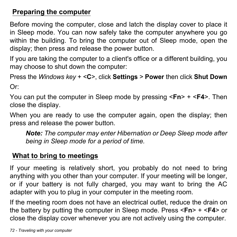 Preparing the computer, What to bring to meetings, Preparing the computer what to bring to meetings | Acer Aspire V5-471PG User Manual | Page 73 / 3492