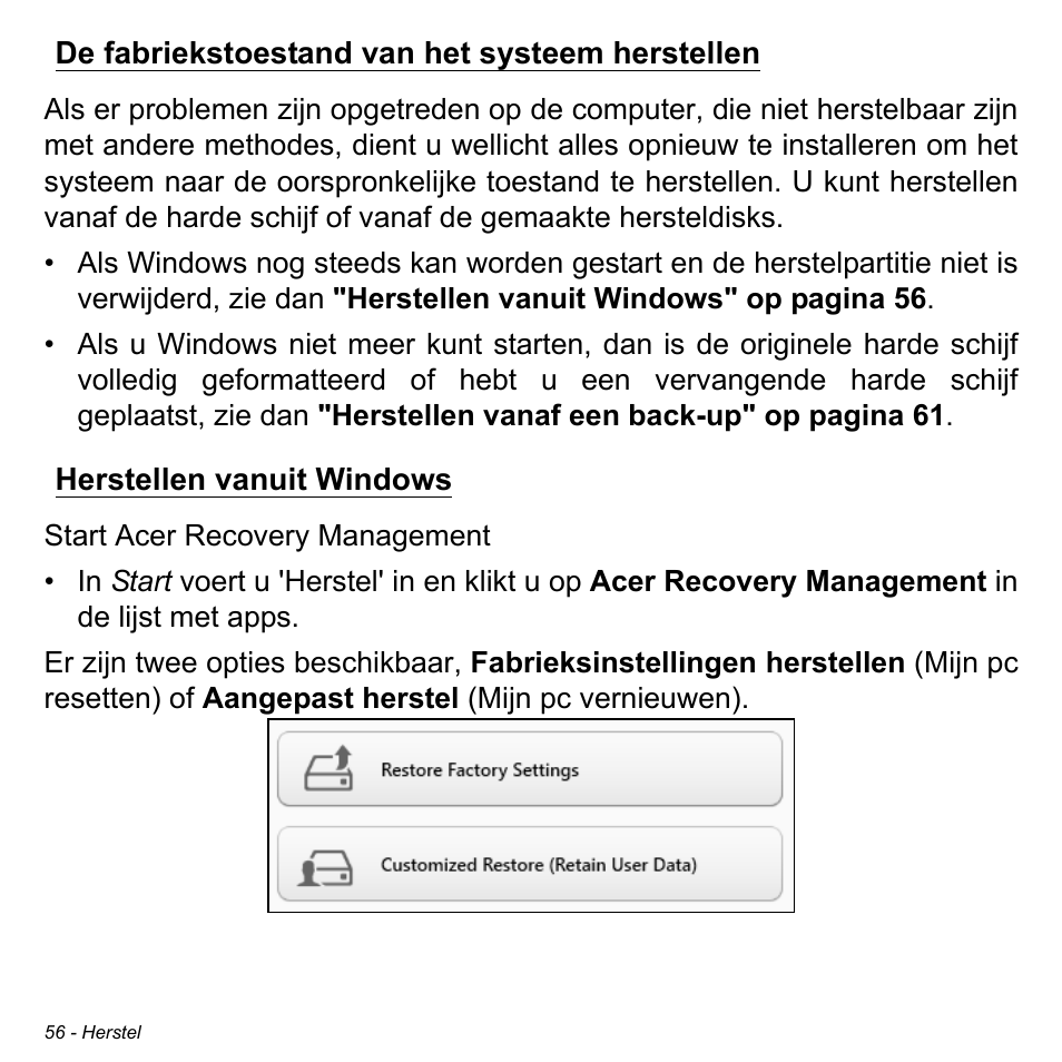 De fabriekstoestand van het systeem herstellen, Herstellen vanuit windows | Acer Aspire V5-471PG User Manual | Page 776 / 3492