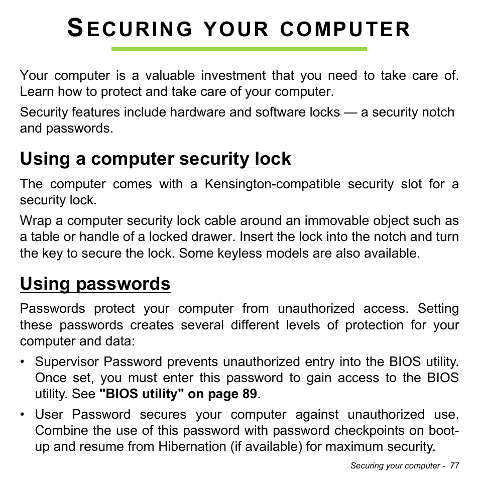 Securing your computer, Using a computer security lock, Using passwords | Using a computer security lock using passwords, Ecuring, Your, Computer | Acer Aspire V5-471PG User Manual | Page 78 / 3492