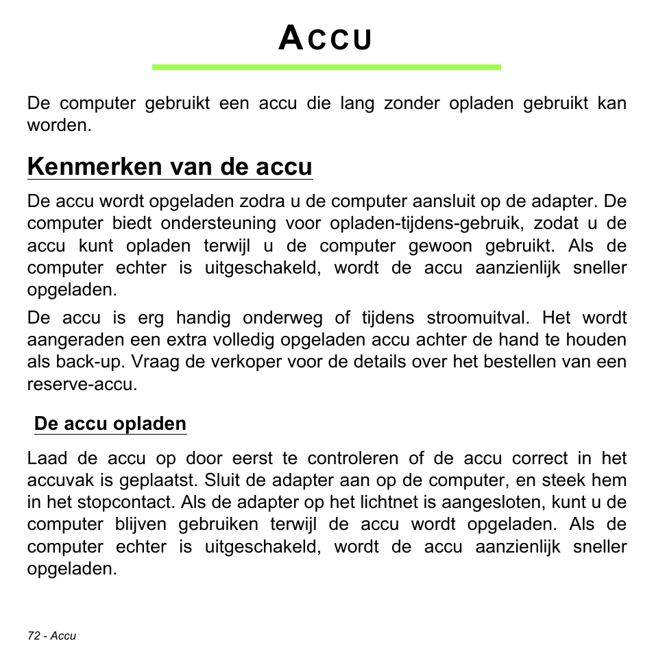 Accu, Kenmerken van de accu, De accu opladen | Acer Aspire V5-471PG User Manual | Page 792 / 3492