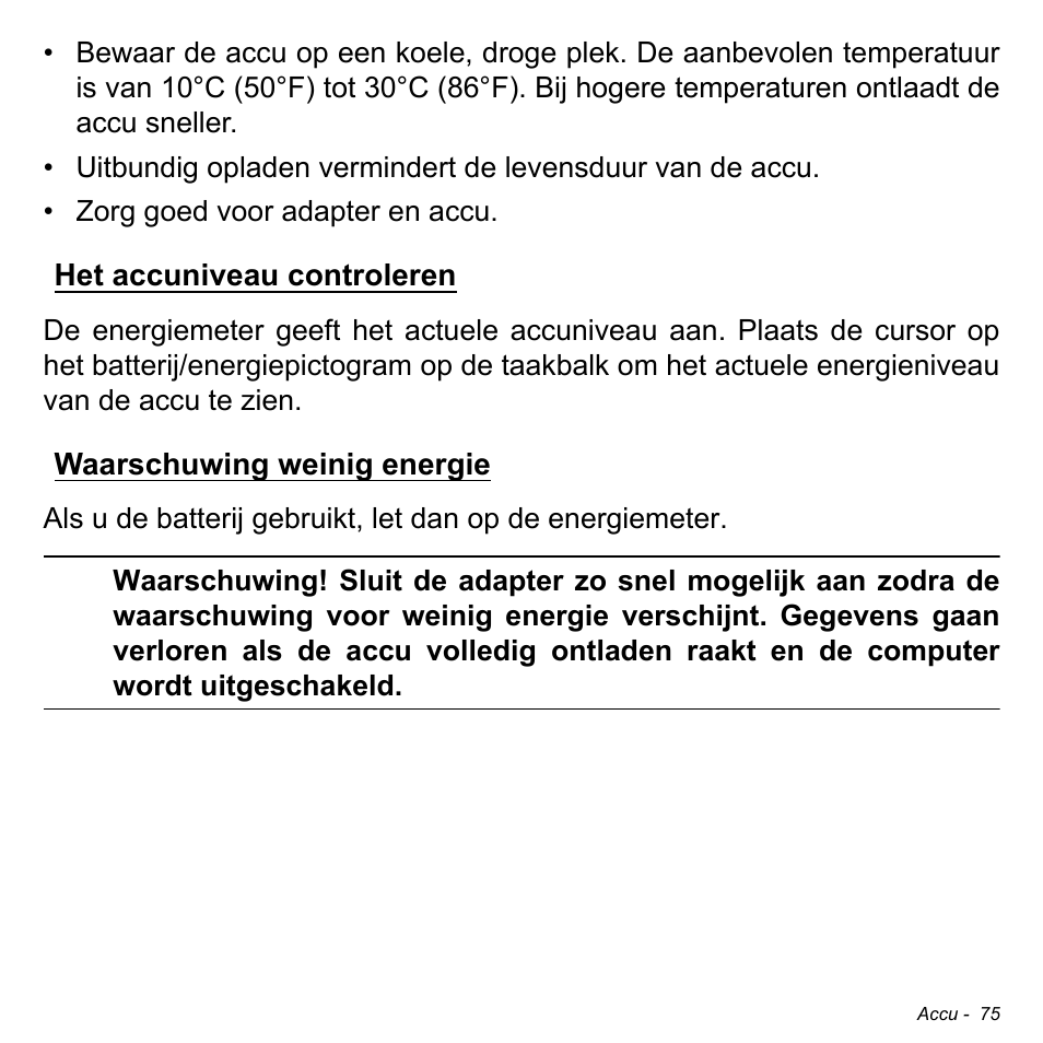 Het accuniveau controleren, Waarschuwing weinig energie | Acer Aspire V5-471PG User Manual | Page 795 / 3492