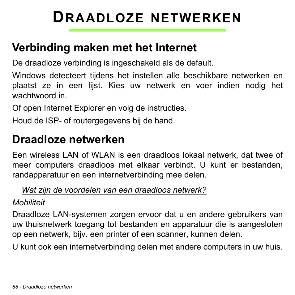 Draadloze netwerken, Verbinding maken met het internet, Raadloze | Netwerken | Acer Aspire V5-471PG User Manual | Page 808 / 3492