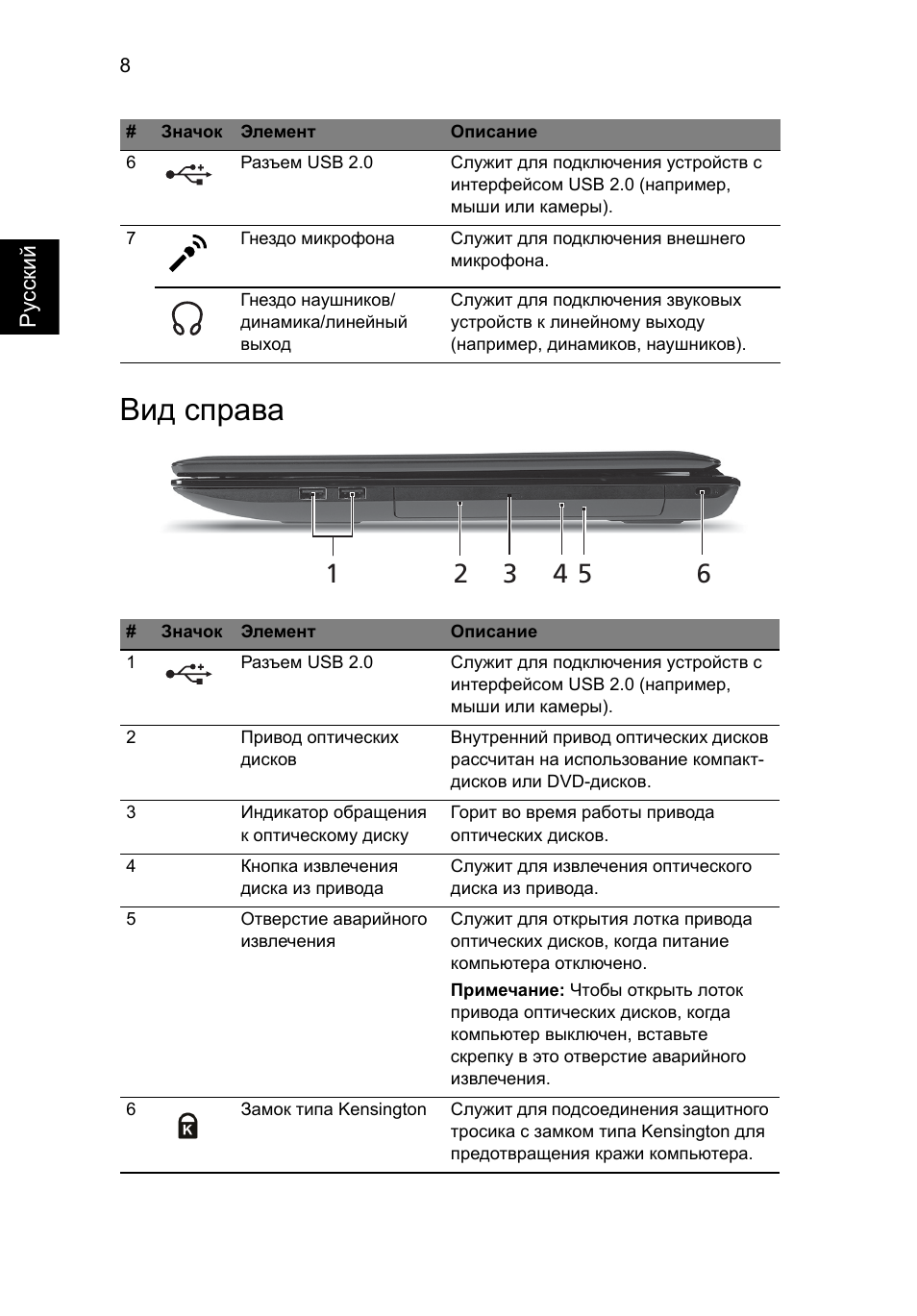 Вид справа | Acer Aspire 7551G User Manual | Page 122 / 314