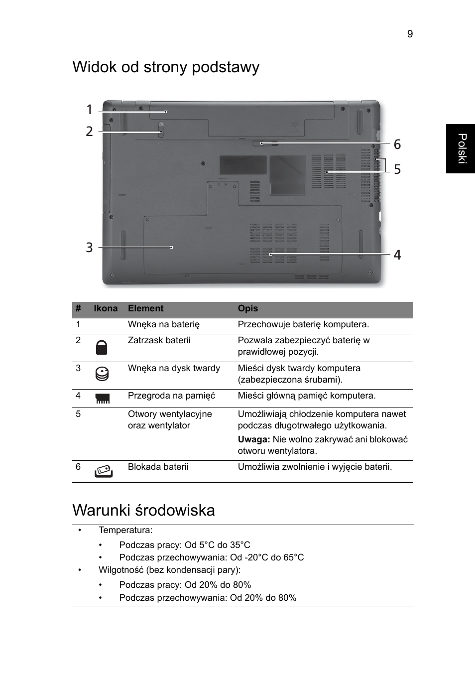 Widok od strony podstawy, Warunki środowiska, Widok od strony podstawy warunki środowiska | Acer Aspire 7551G User Manual | Page 133 / 314