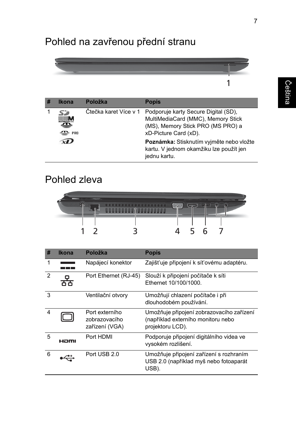 Pohled na zavřenou přední stranu, Pohled zleva, Pohled na zavřenou přední stranu pohled zleva | Acer Aspire 7551G User Manual | Page 151 / 314