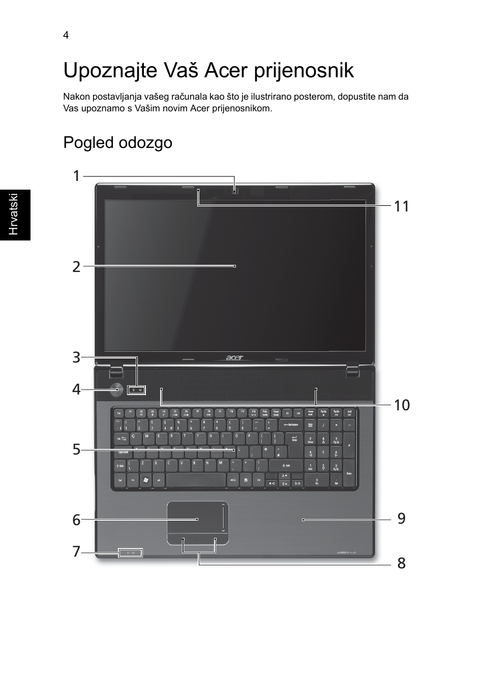 Upoznajte vaš acer prijenosnik, Pogled odozgo | Acer Aspire 7551G User Manual | Page 178 / 314