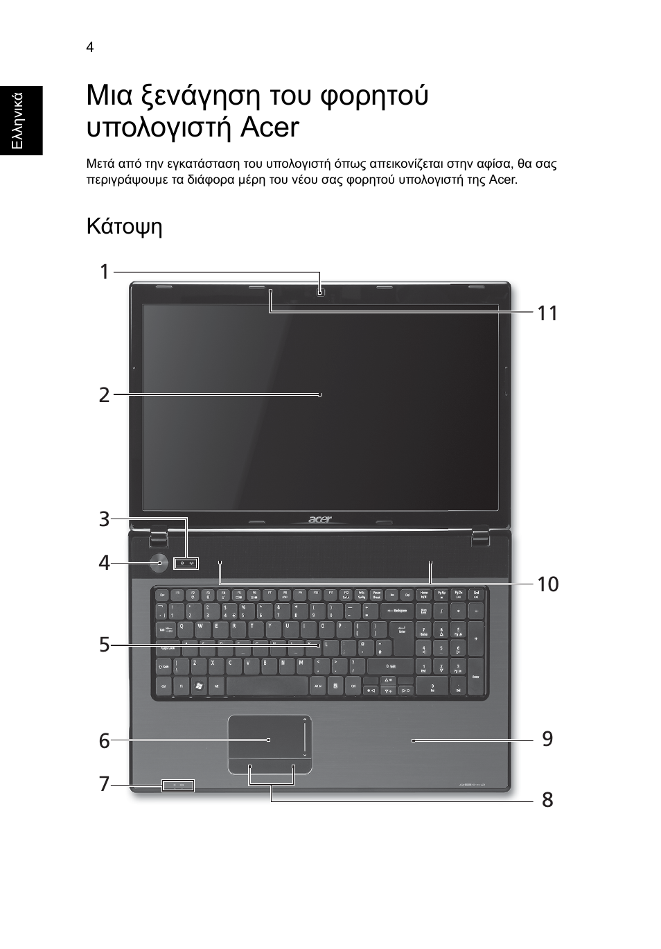 Μια ξενάγηση του φορητού υπολογιστή acer, Κάτοψη | Acer Aspire 7551G User Manual | Page 238 / 314