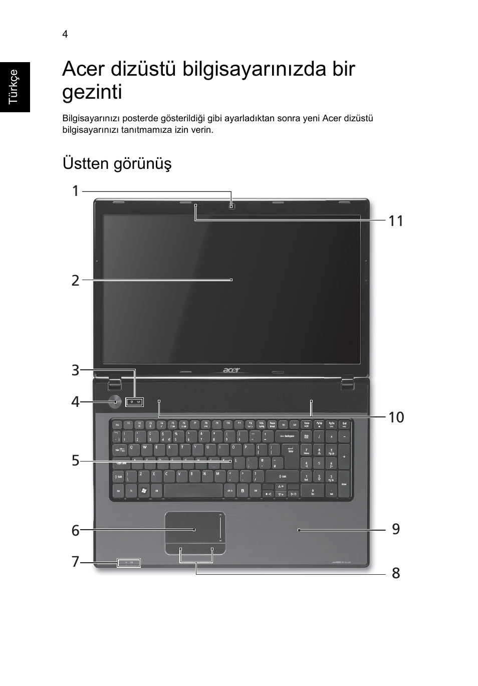 Acer dizüstü bilgisayarınızda bir gezinti, Üstten görünüş | Acer Aspire 7551G User Manual | Page 248 / 314