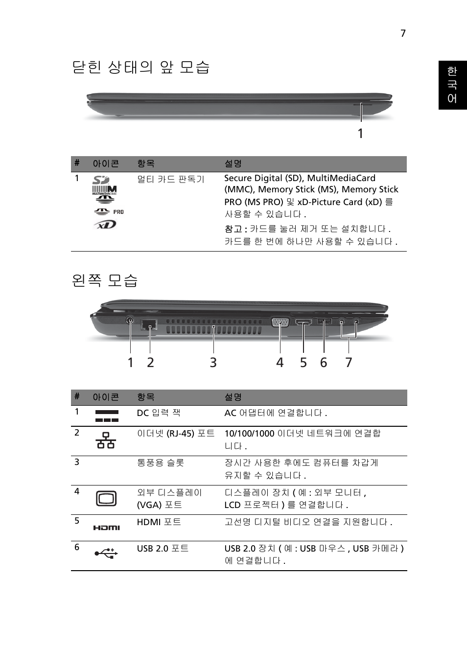 닫힌 상태의 앞 모습, 왼쪽 모습, 닫힌 상태의 앞 모습 왼쪽 모습 | Acer Aspire 7551G User Manual | Page 271 / 314