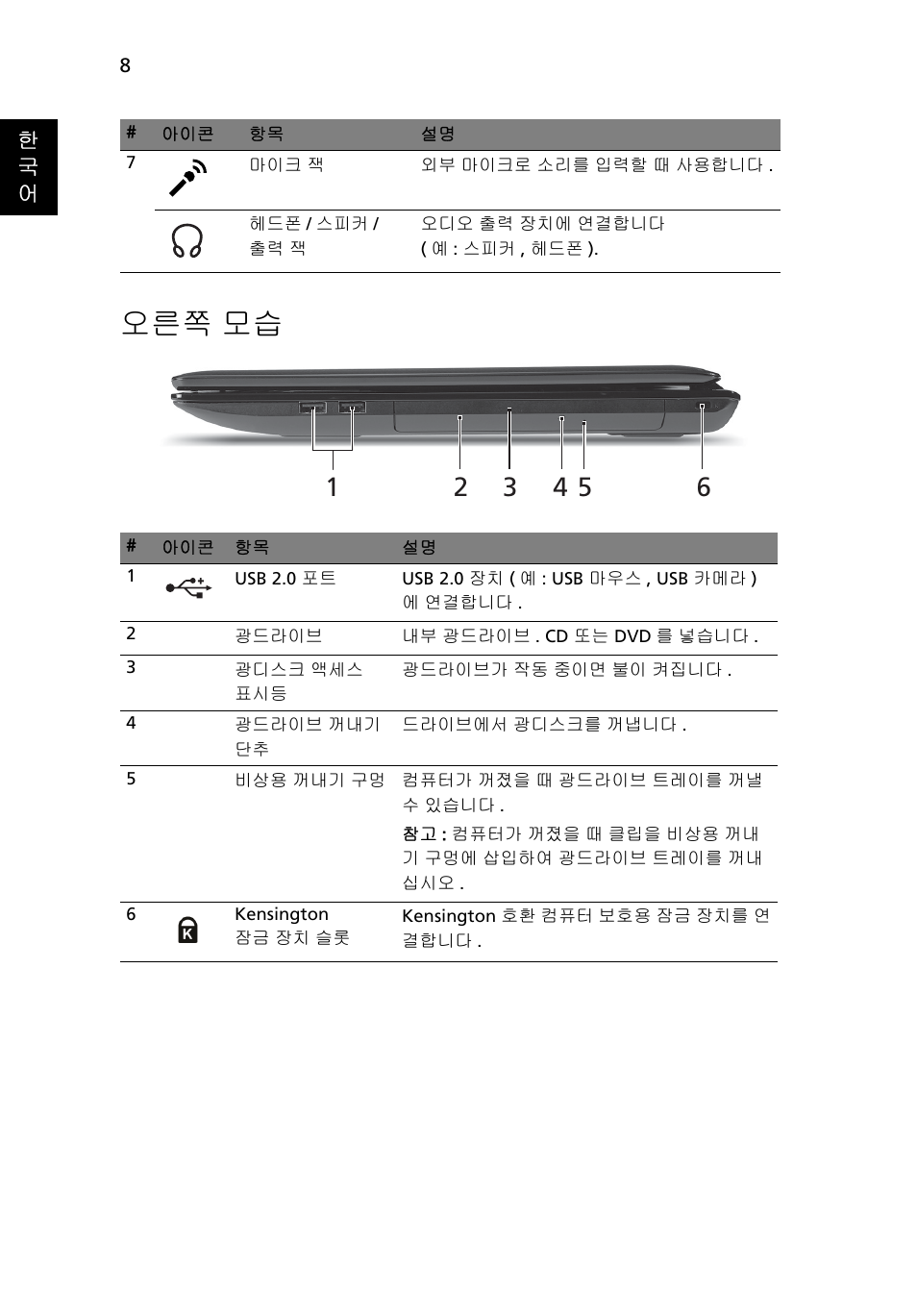 오른쪽 모습 | Acer Aspire 7551G User Manual | Page 272 / 314