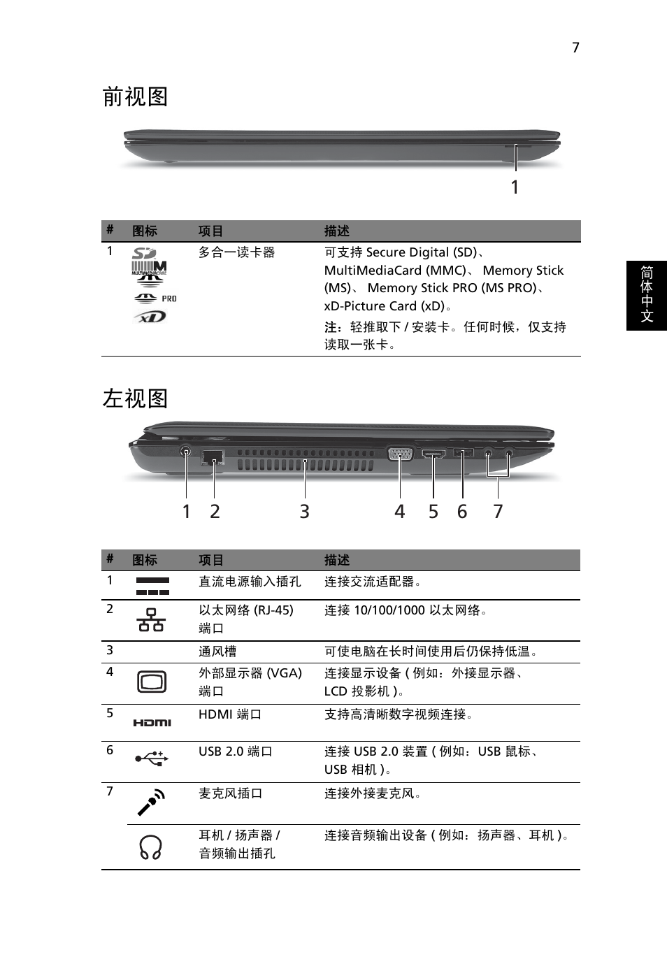 前视图 左视图 | Acer Aspire 7551G User Manual | Page 291 / 314