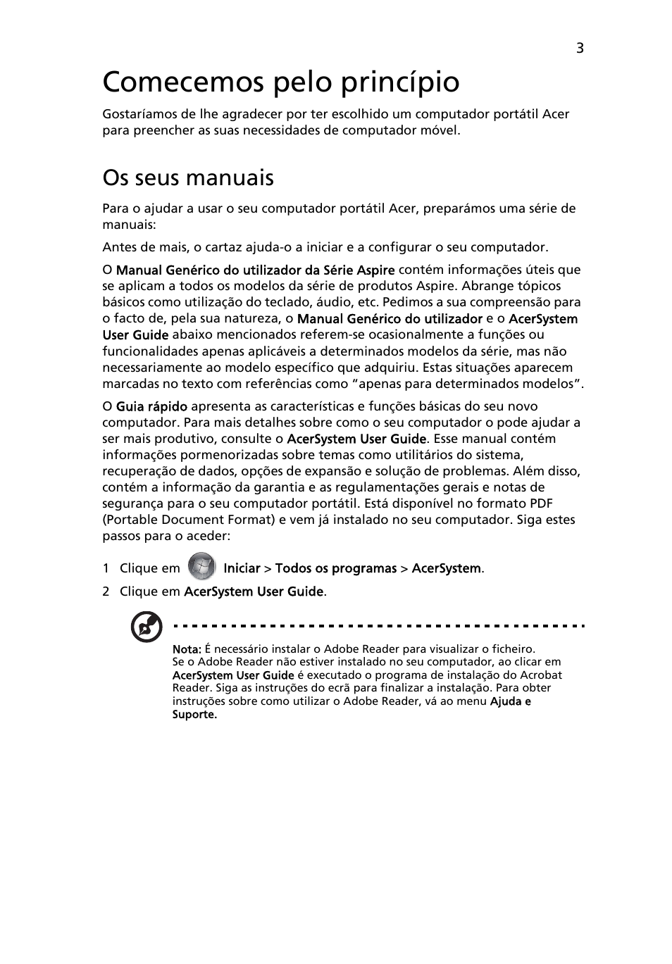 Comecemos pelo princípio, Os seus manuais | Acer Aspire 7551G User Manual | Page 57 / 314