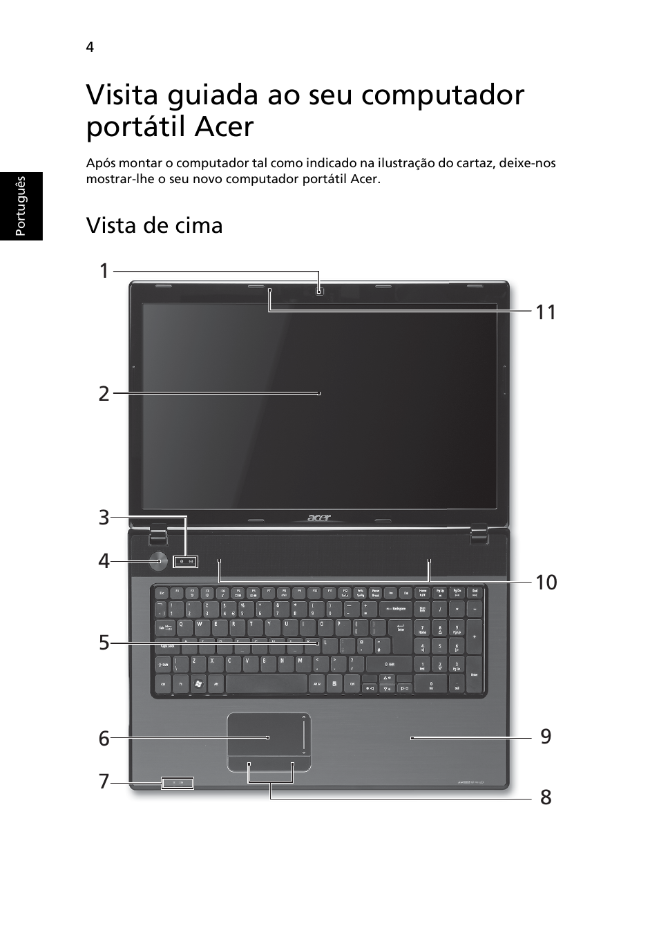 Visita guiada ao seu computador portátil acer, Vista de cima | Acer Aspire 7551G User Manual | Page 58 / 314