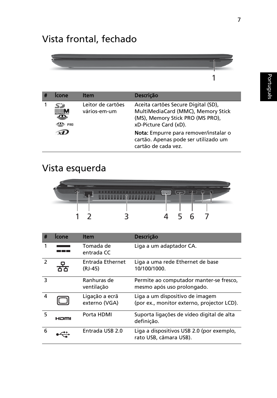 Vista frontal, fechado, Vista esquerda, Vista frontal, fechado vista esquerda | Acer Aspire 7551G User Manual | Page 61 / 314