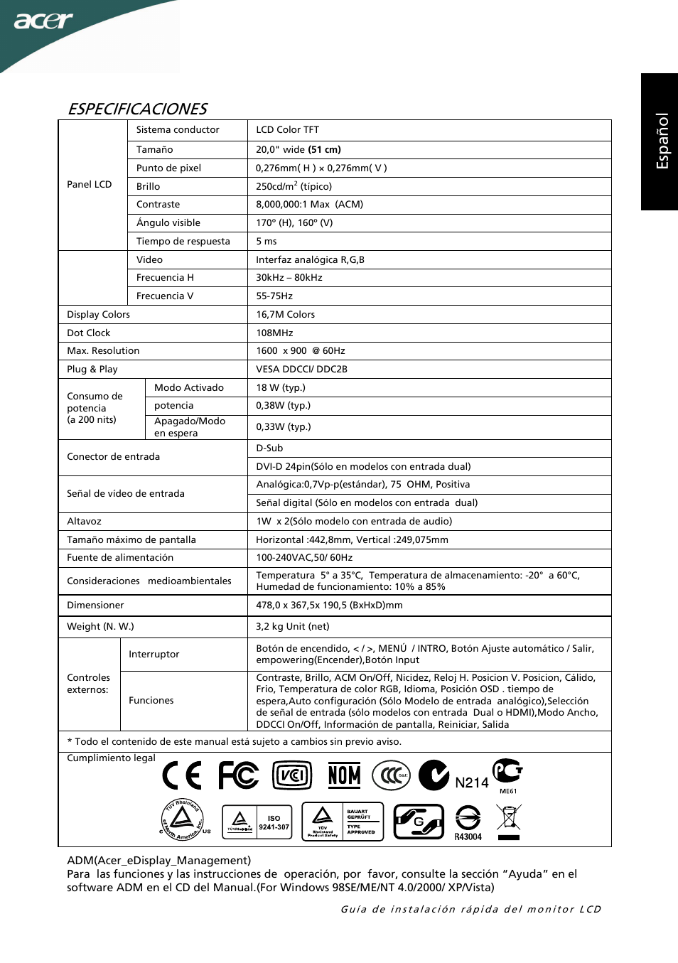 Especificaciones, Es p añ o l | Acer P205HL User Manual | Page 11 / 60