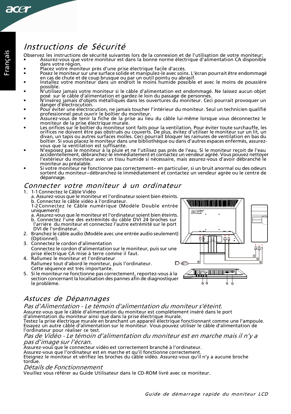 Instructions de sécurité, Connecter votre moniteur à un ordinateur, Astuces de dépannages | Fr an ça is, Détails de fonctionnement | Acer P205HL User Manual | Page 12 / 60