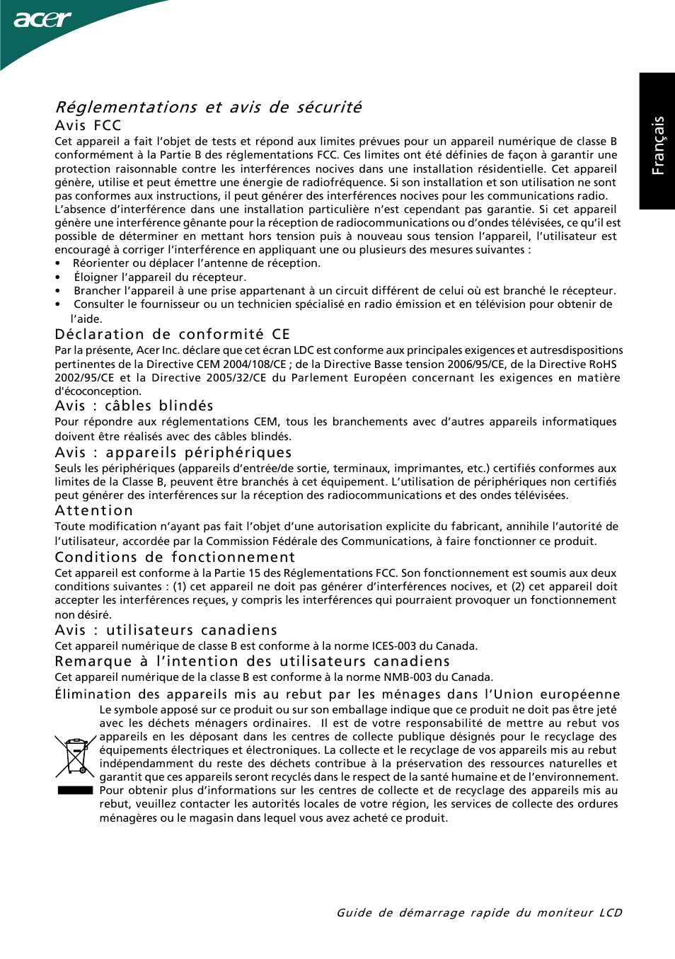 Réglementations et avis de sécurité, Fr an ça is | Acer P205HL User Manual | Page 13 / 60