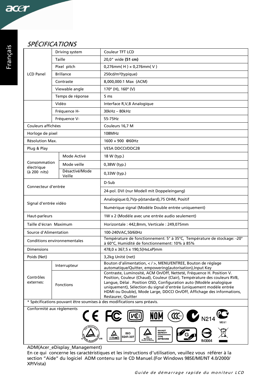 Spécifications, Fr an ça is | Acer P205HL User Manual | Page 14 / 60