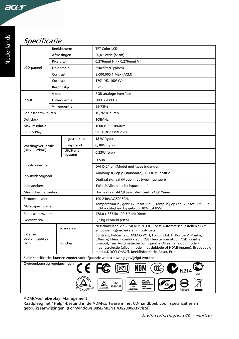 Specificatie | Acer P205HL User Manual | Page 20 / 60