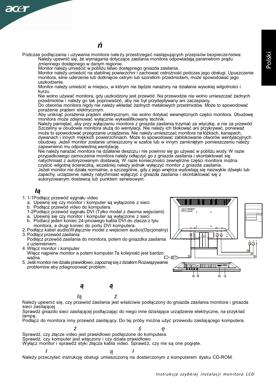 Instrukcje bezpiecze ństwa, Pod łączanie monitora do komputera, Szczegó łowe informacje dotyczące obsługi | Acer P205HL User Manual | Page 21 / 60