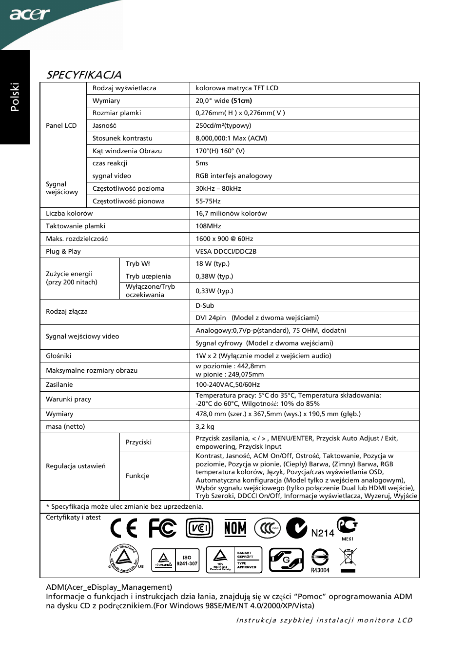 Specyfikacja, Po ls ki | Acer P205HL User Manual | Page 22 / 60