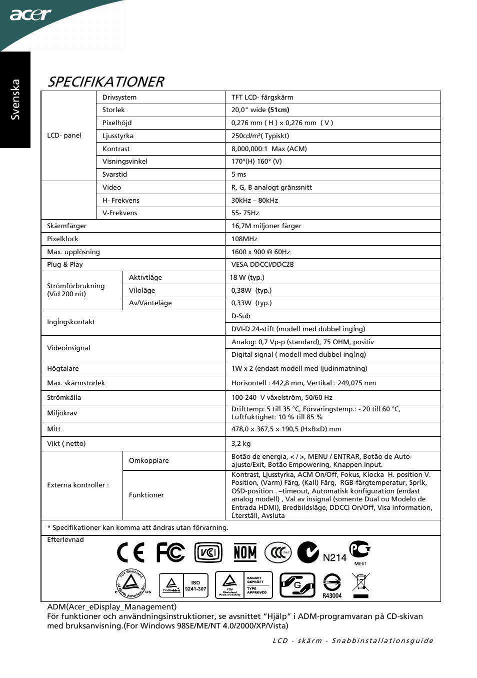 Specifikationer, Sv en sk a | Acer P205HL User Manual | Page 28 / 60
