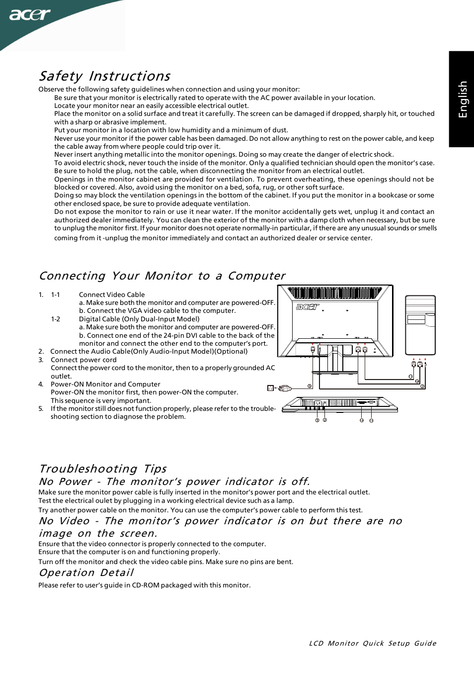 Safety instructions, Troubleshooting tips, Connecting your monitor to a computer | En gl is h, No power - the monitor’s power indicator is off, Operation detail | Acer P205HL User Manual | Page 3 / 60