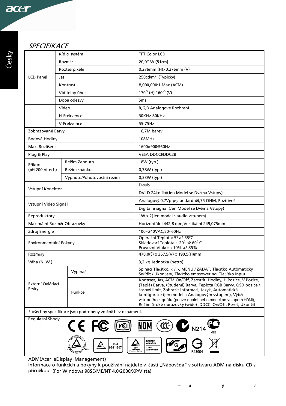 Specifikace, Čes ky | Acer P205HL User Manual | Page 30 / 60