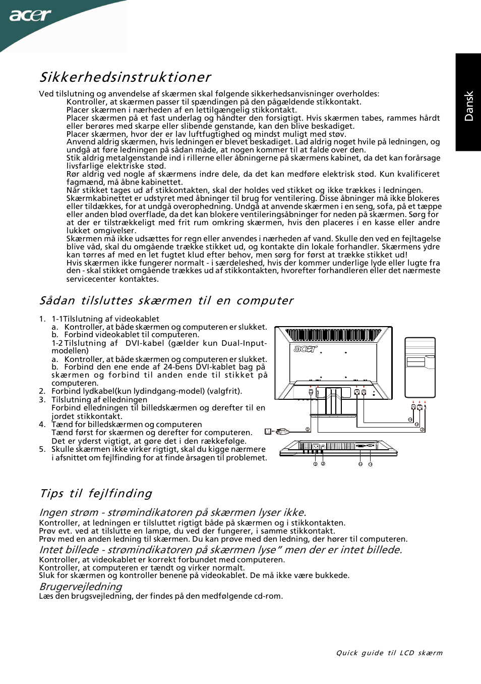 Sikkerhedsinstruktioner, Dan sk, Brugervejledning | Acer P205HL User Manual | Page 35 / 60