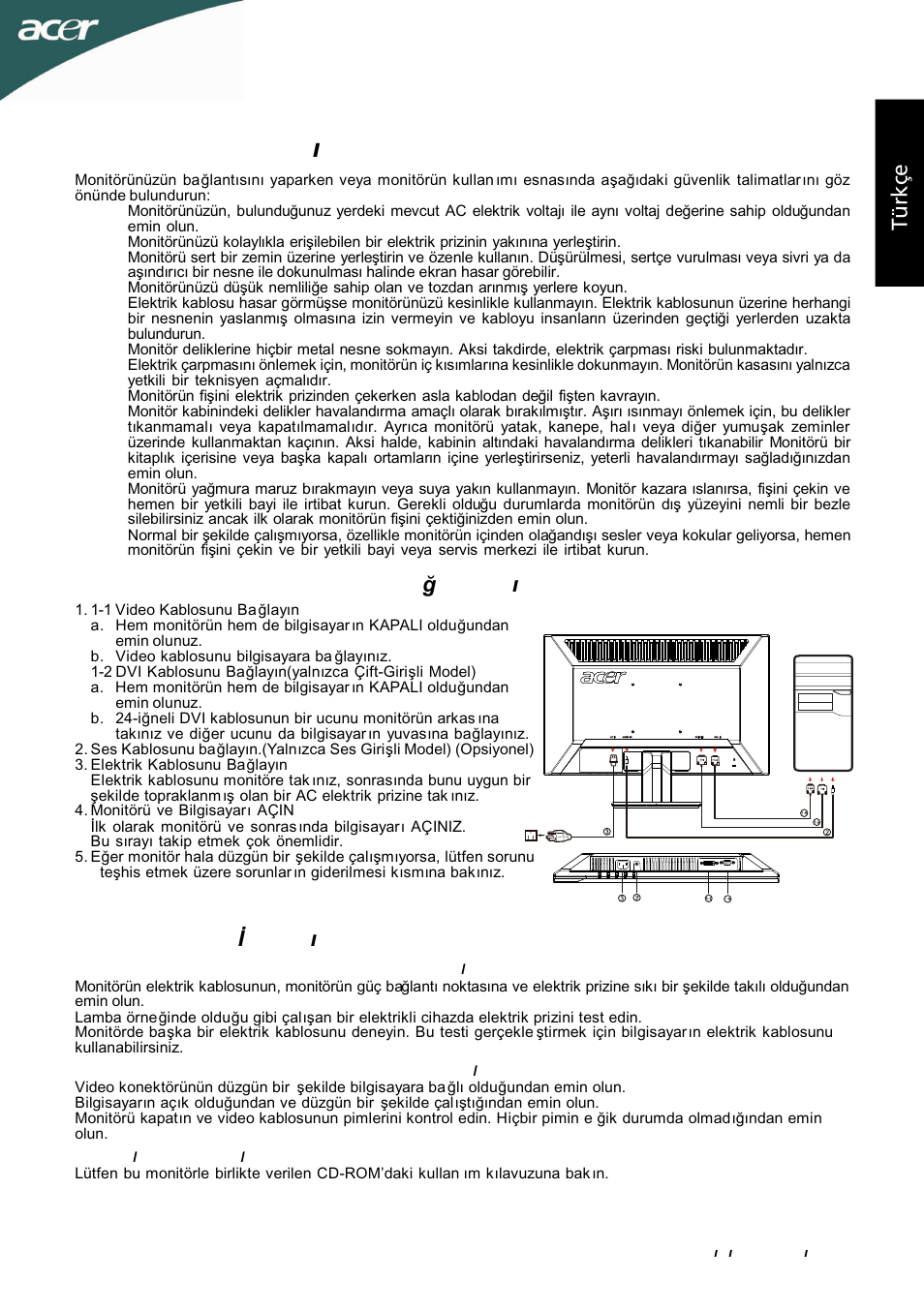 Güvenlik talimatlar ı, Tü rk çe, Güç yok – monitörün güç göstergesi kapal ı | Kullan ım detayları | Acer P205HL User Manual | Page 41 / 60