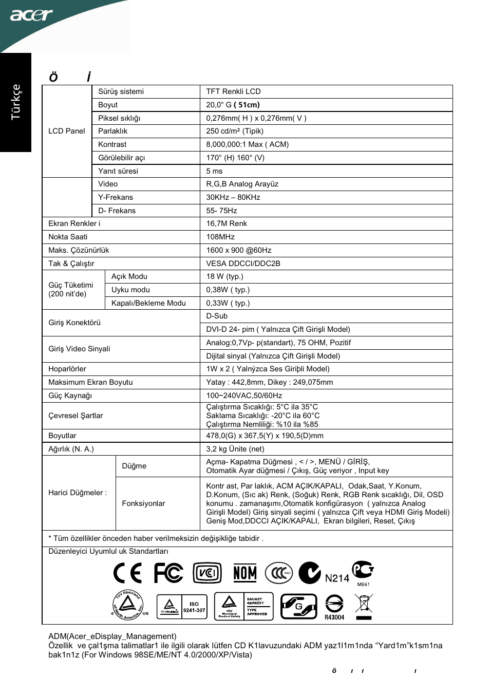 Özellikler, Tü rk зe | Acer P205HL User Manual | Page 42 / 60