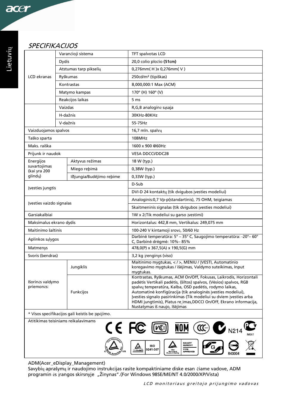 Specifikacijos, Li et u vi ų | Acer P205HL User Manual | Page 46 / 60