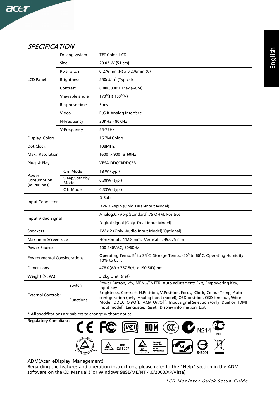 Specification, En g lis h | Acer P205HL User Manual | Page 5 / 60