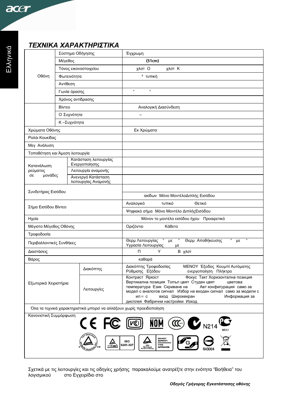 Τεχνικα χαρακτηριστικα, Ελλ ην ικ ά | Acer P205HL User Manual | Page 50 / 60