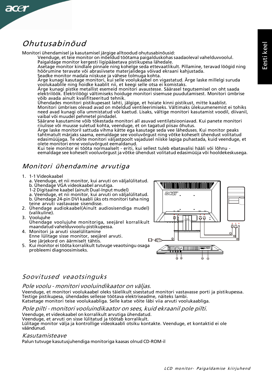 Ohutusabinõud, Ee st i k ee l, Pole voolu - monitori vooluindikaator on väljas | Kasutamisteave | Acer P205HL User Manual | Page 51 / 60