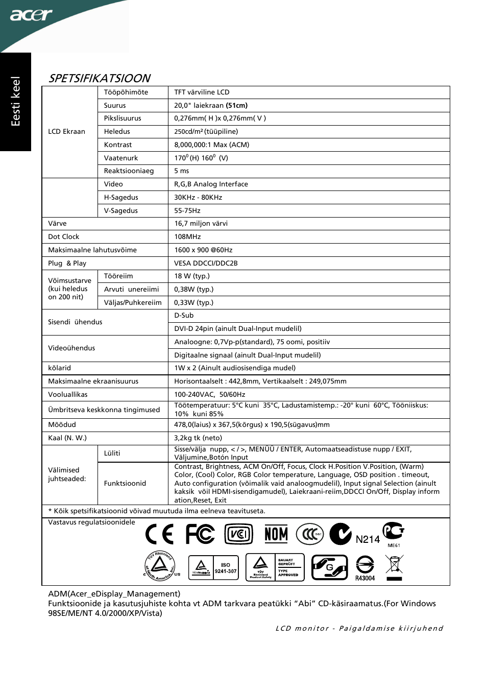 Spetsifikatsioon, Ee st i k ee l | Acer P205HL User Manual | Page 52 / 60