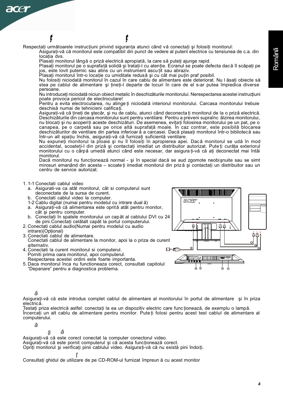 Instruc ţiuni privind siguranţa, Rom ân ă, Detalii privind func ţionarea | Acer P205HL User Manual | Page 53 / 60