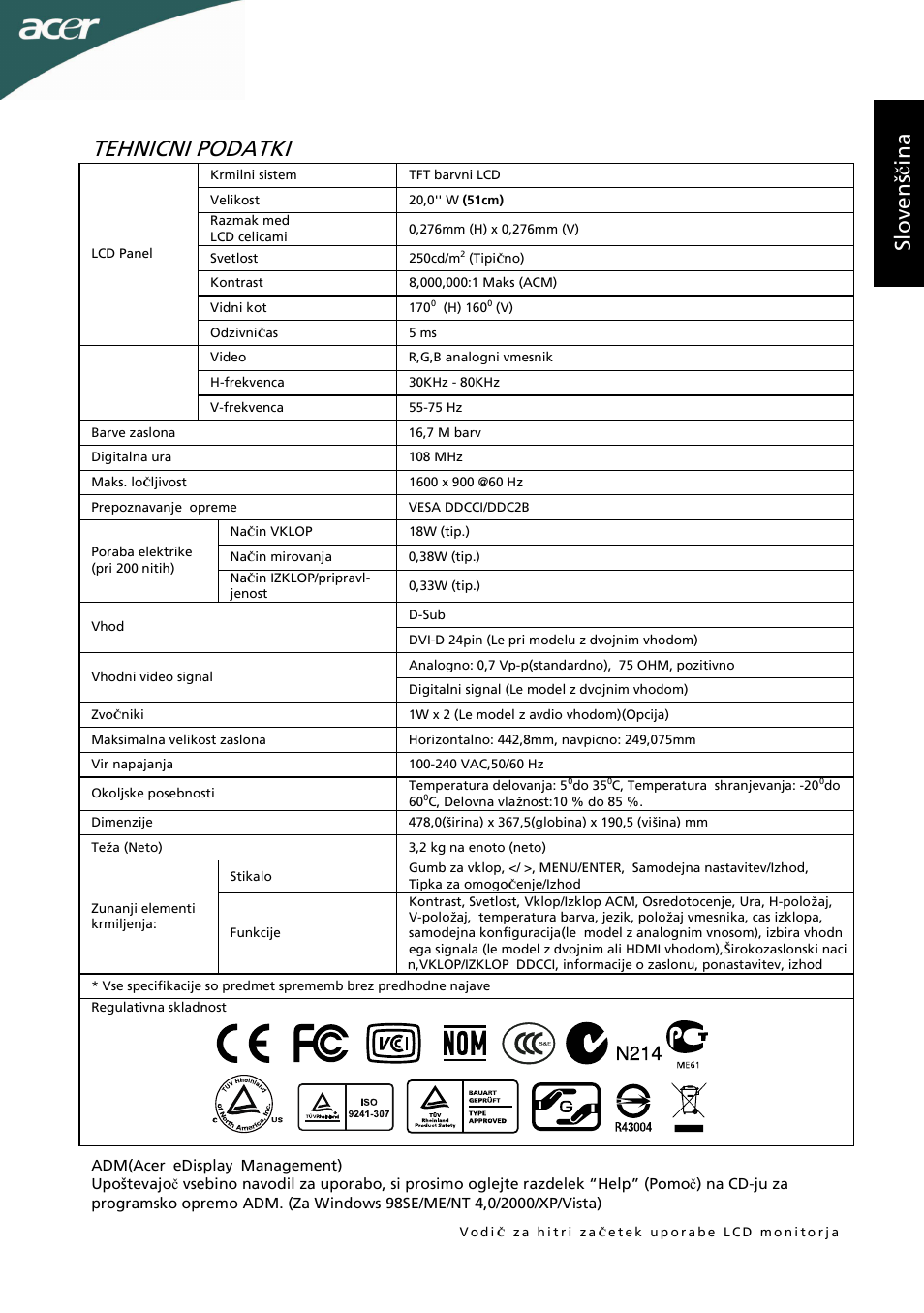 Tehnicni podatki, Sl o ve n šč in a | Acer P205HL User Manual | Page 57 / 60